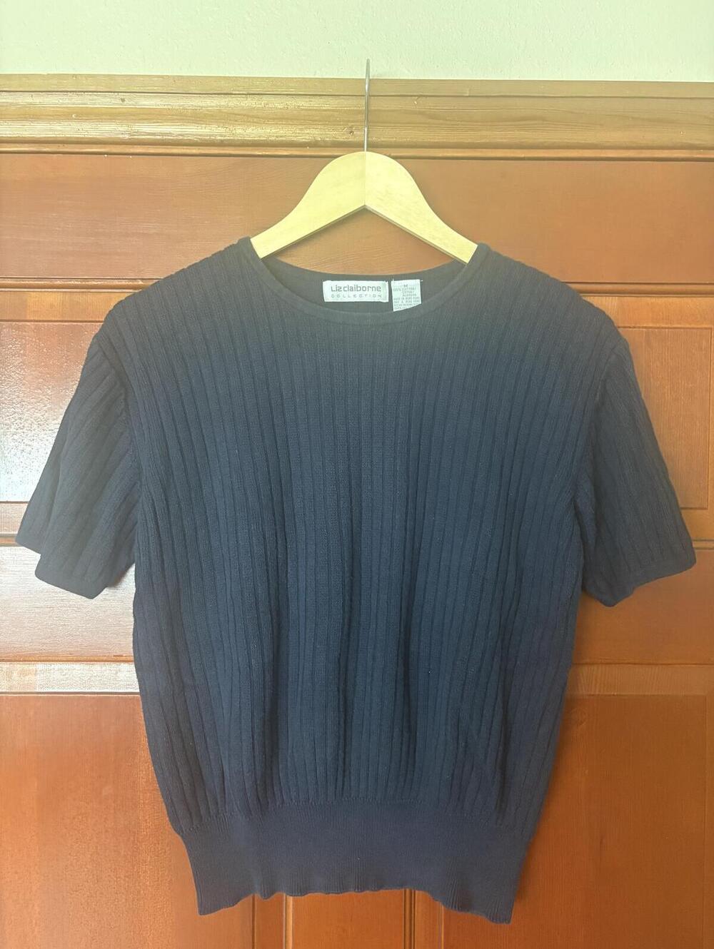 Liz Claiborne Collection Womens Black Ribbed Short Sleeve Sweater Size M